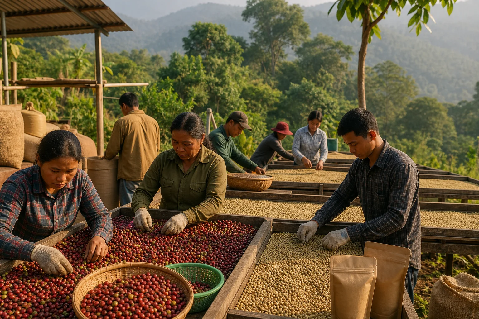 Cambodian coffee producers sorting cherries and drying coffee at a highland processing station