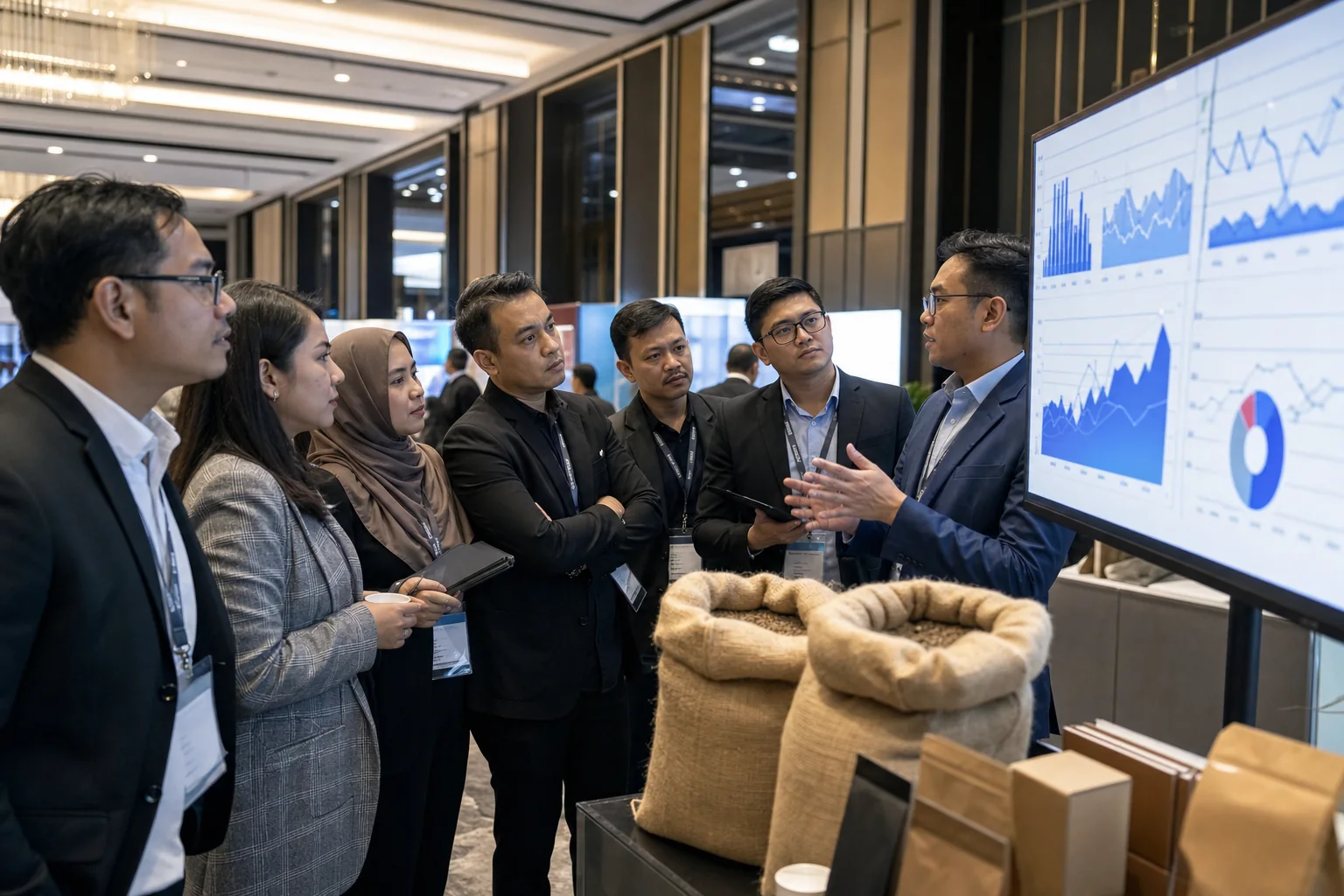 Business delegates studying a smart inventory demonstration at an applied AI exhibition