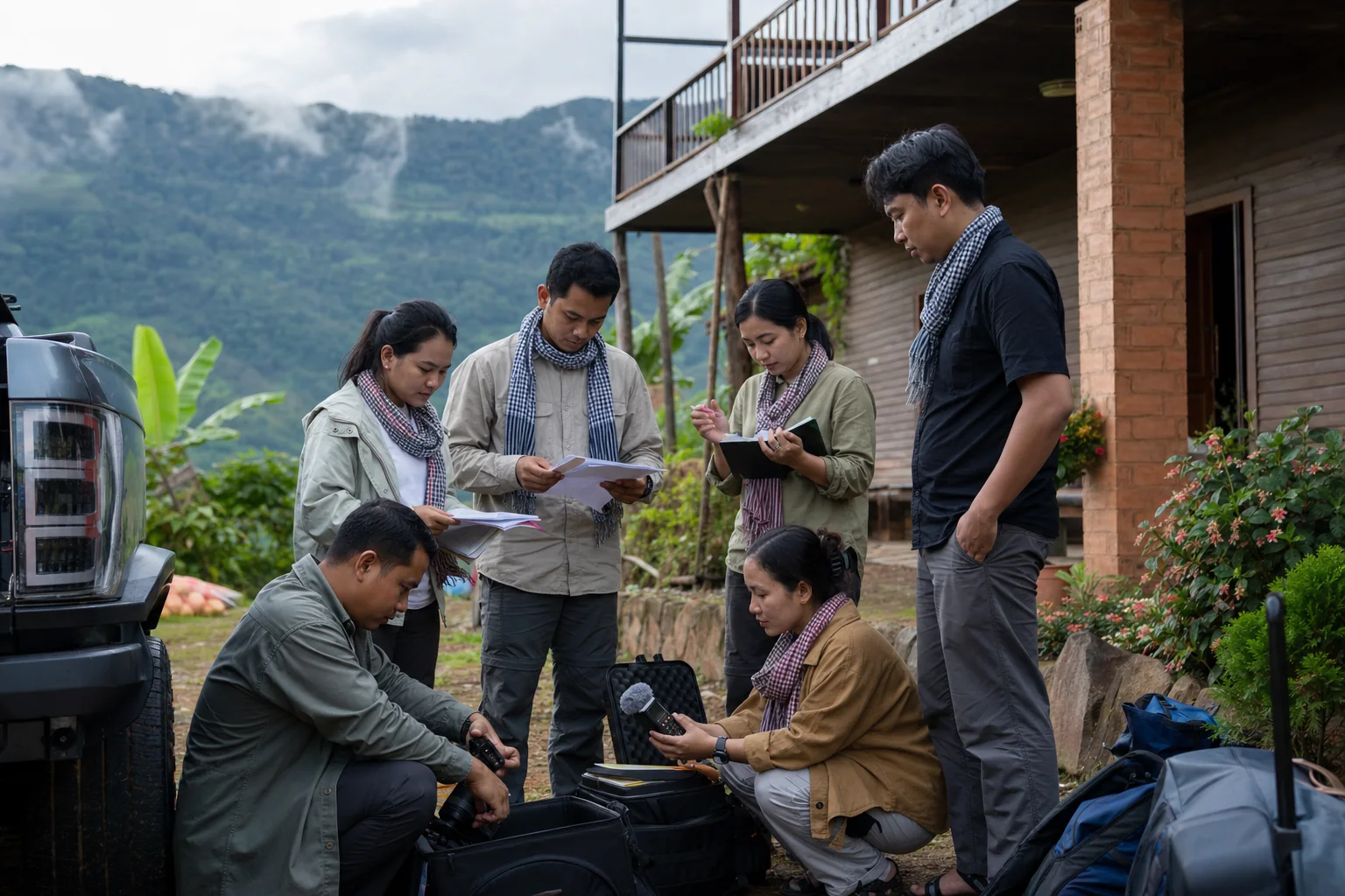 Media team preparing cameras and audio equipment for a coffee heritage interview in Mondulkiri