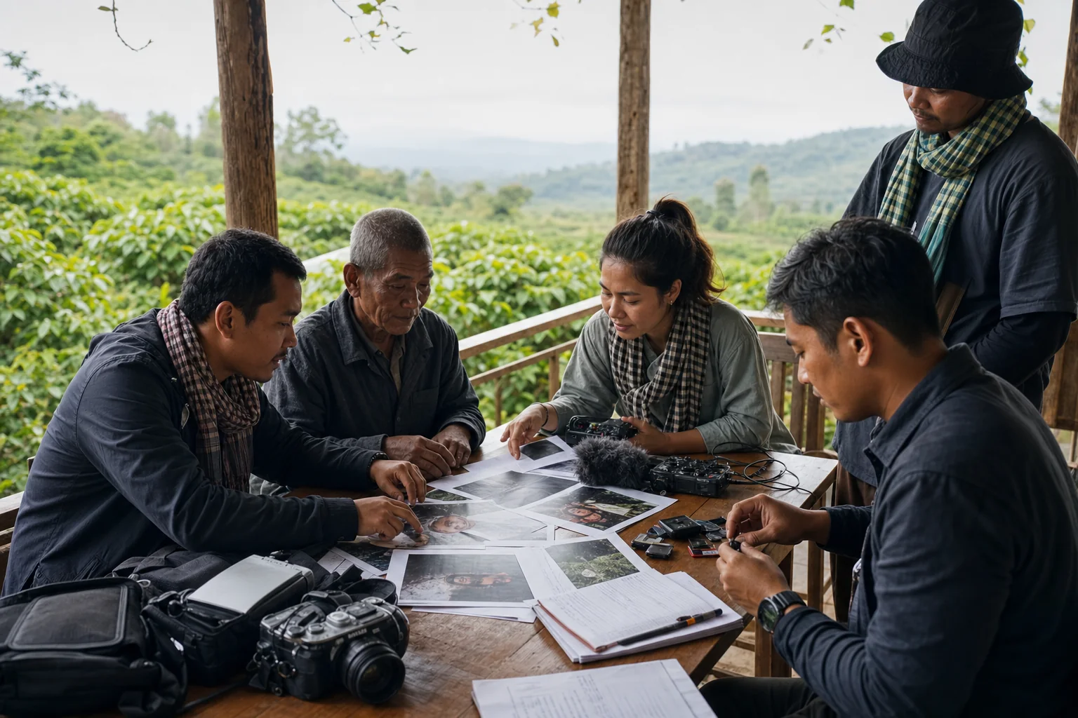Coffee heritage project team organizing photographs, interview notes, and audio files before departure