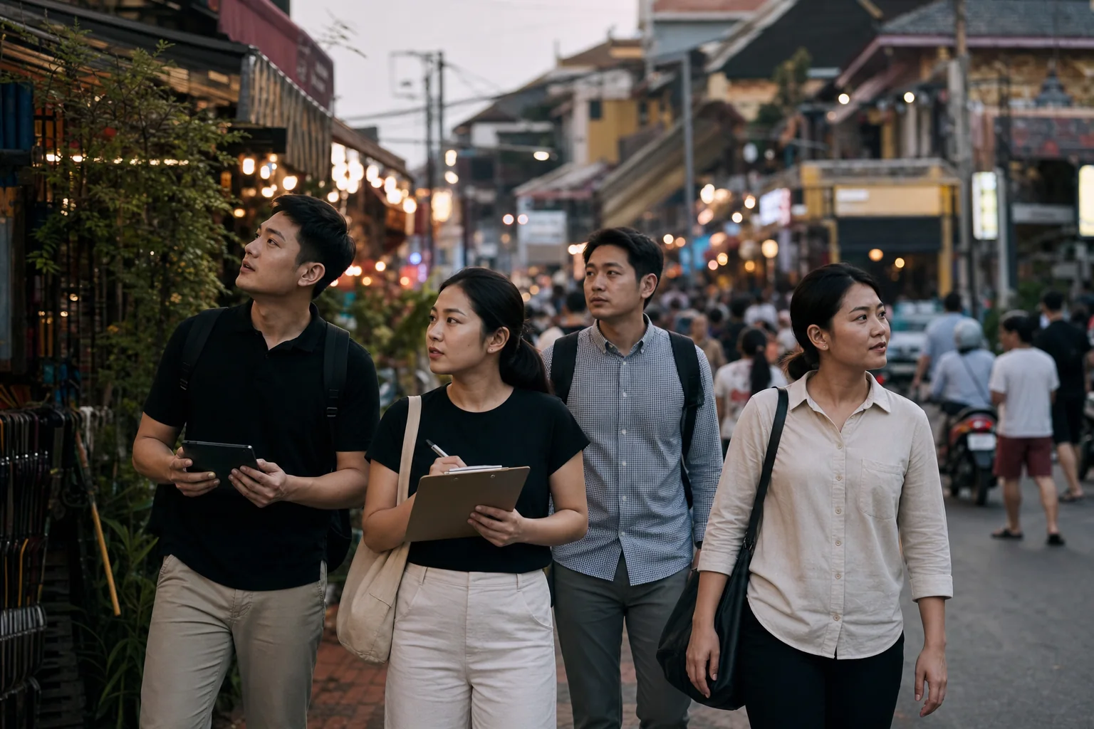 Khmer Taste Coffee research team studying commercial activity in the Siem Reap Old Market district