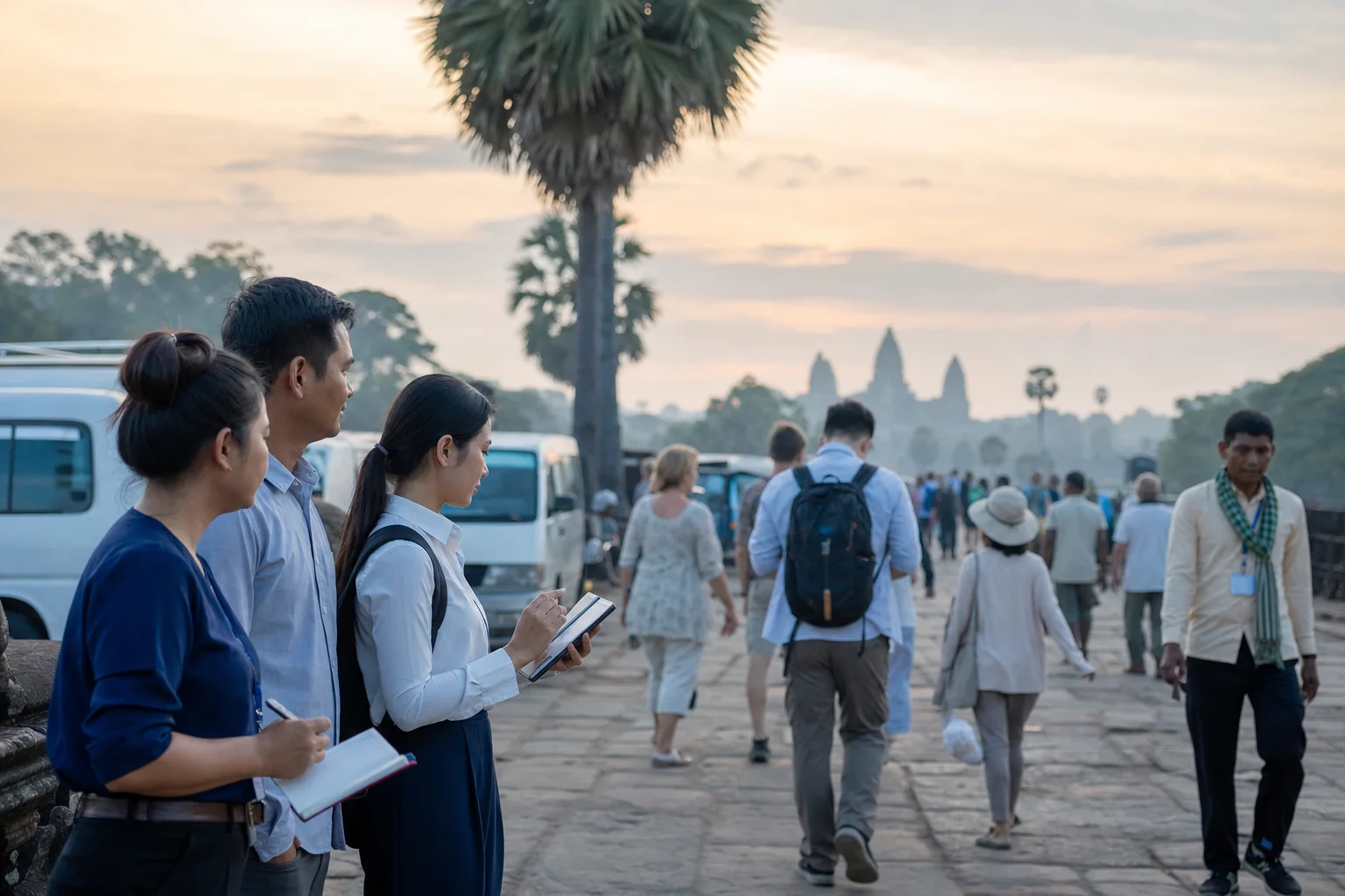 Business research team observing early visitor movement near Angkor Wat