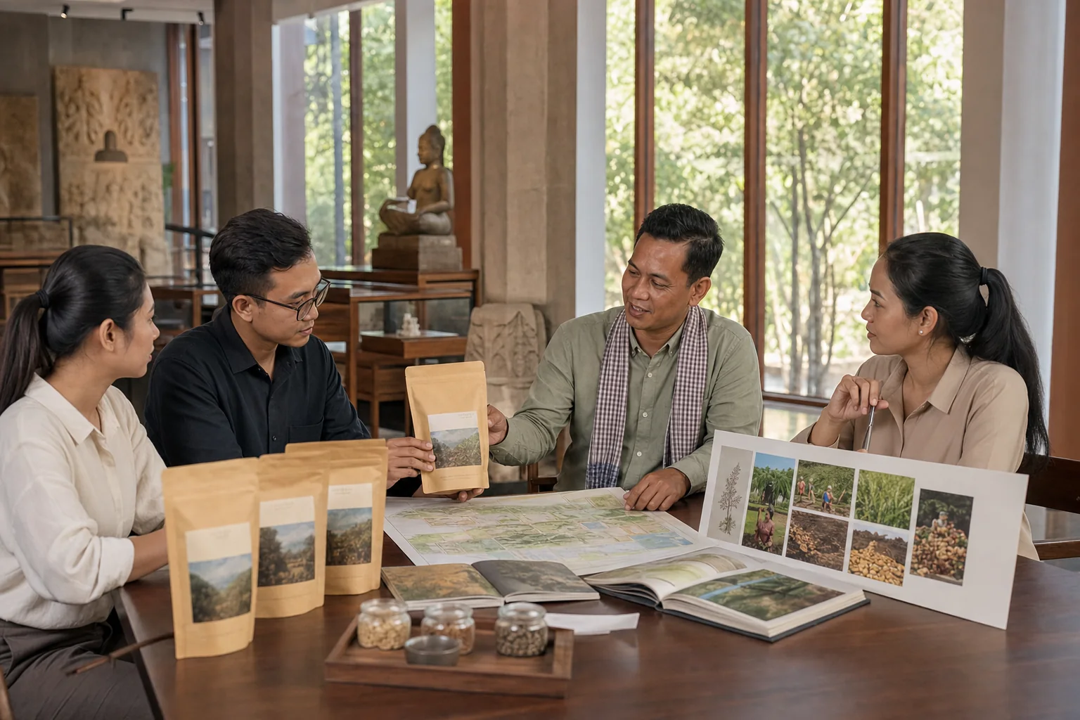 Khmer Taste Coffee team discussing agricultural education and packaged products with a cultural venue representative