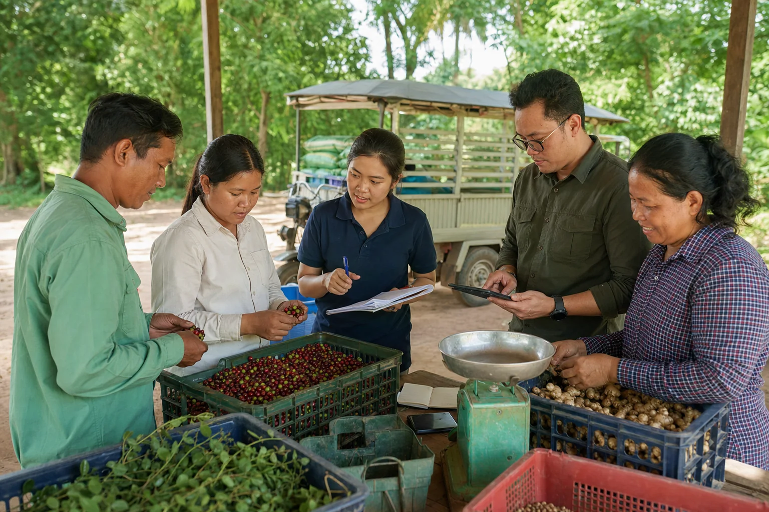 Coffee supply-chain team inspecting agricultural products and delivery equipment with Preah Dak producers