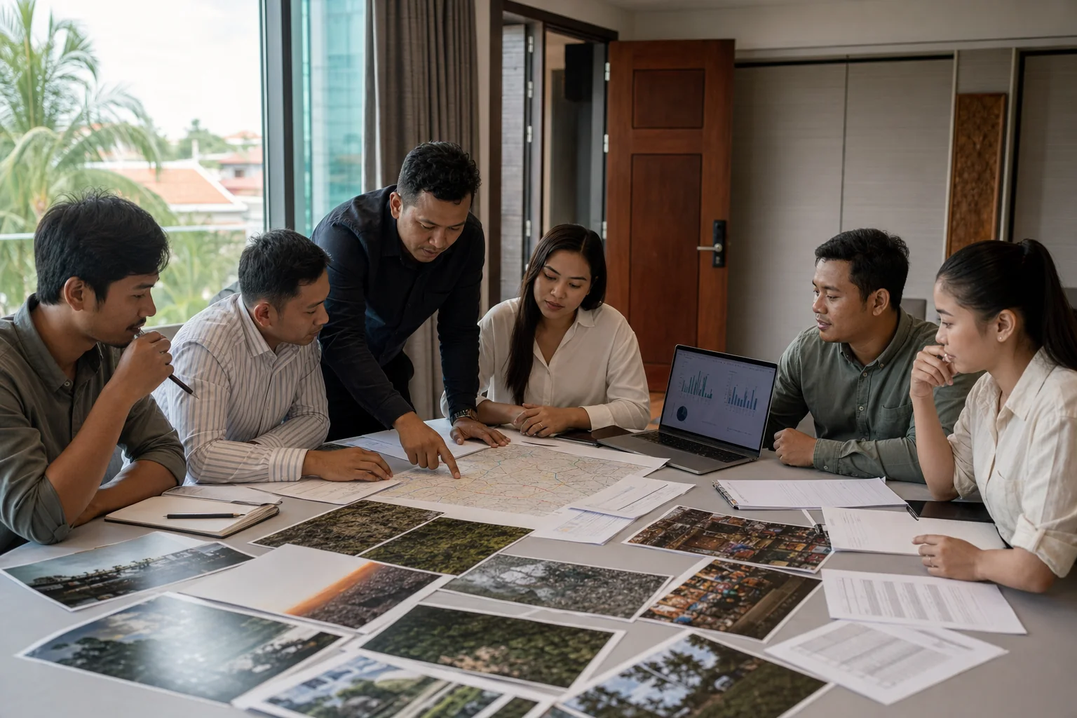 Six-person project team comparing maps, photographs, costs, and supply-route findings in Siem Reap