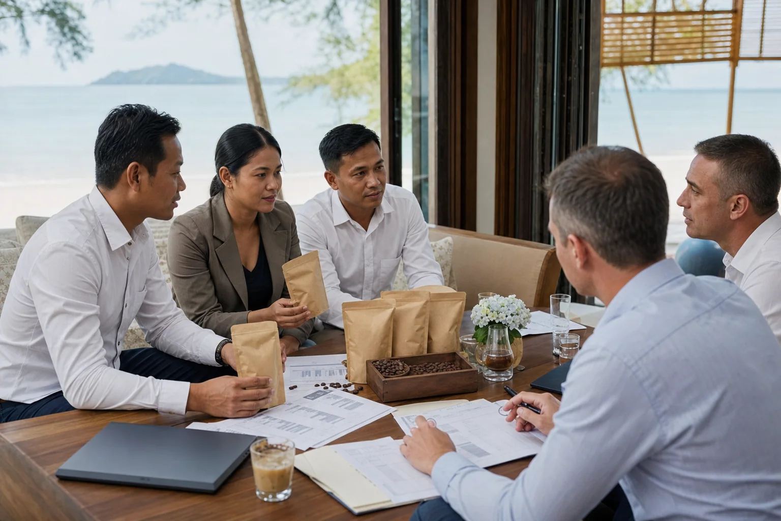 Coffee company representatives negotiating a beachfront resort supply partnership in Sihanoukville