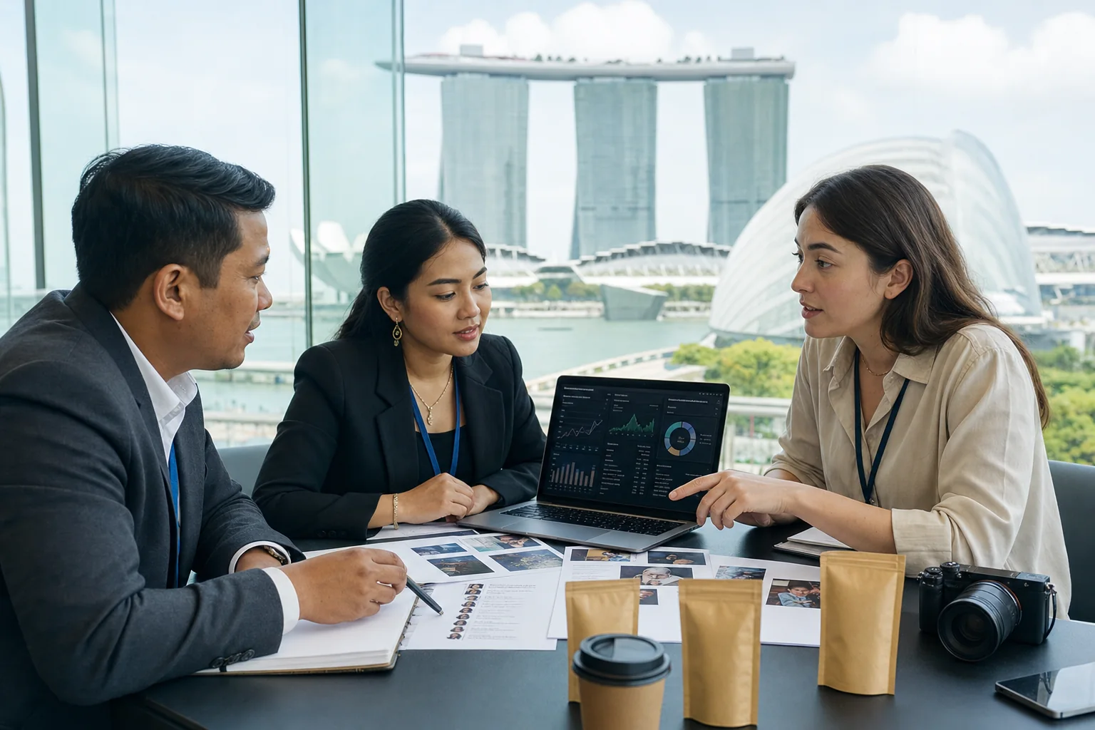 Marketing representatives reviewing campaign analytics and creator-trust research at a Singapore conference